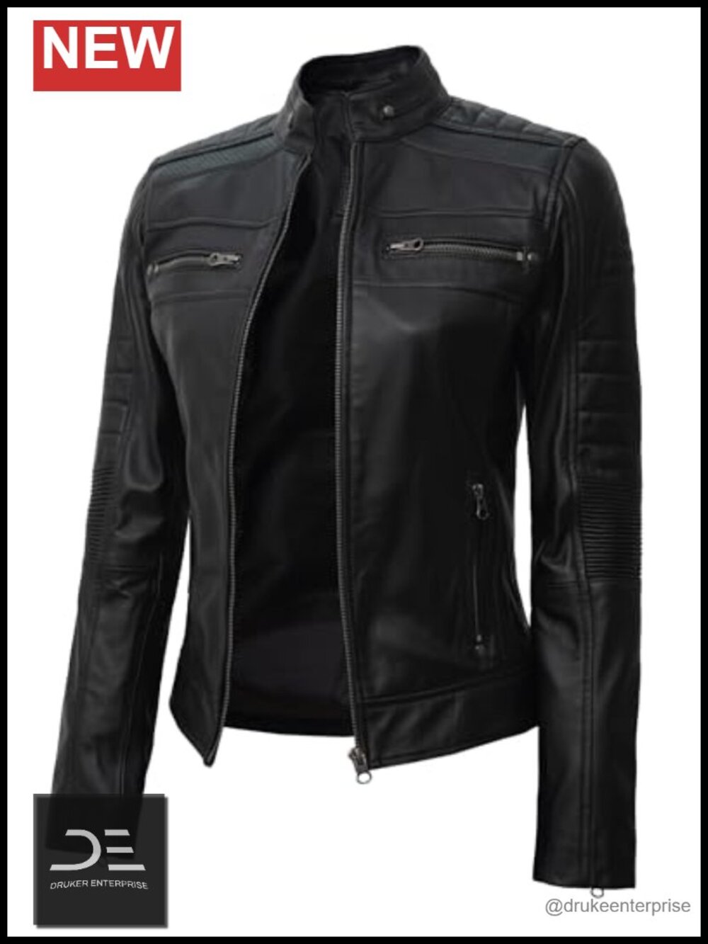 Cafe Racer Leather Jacket Womens 100% Lambskin Motorcycle Band Collar